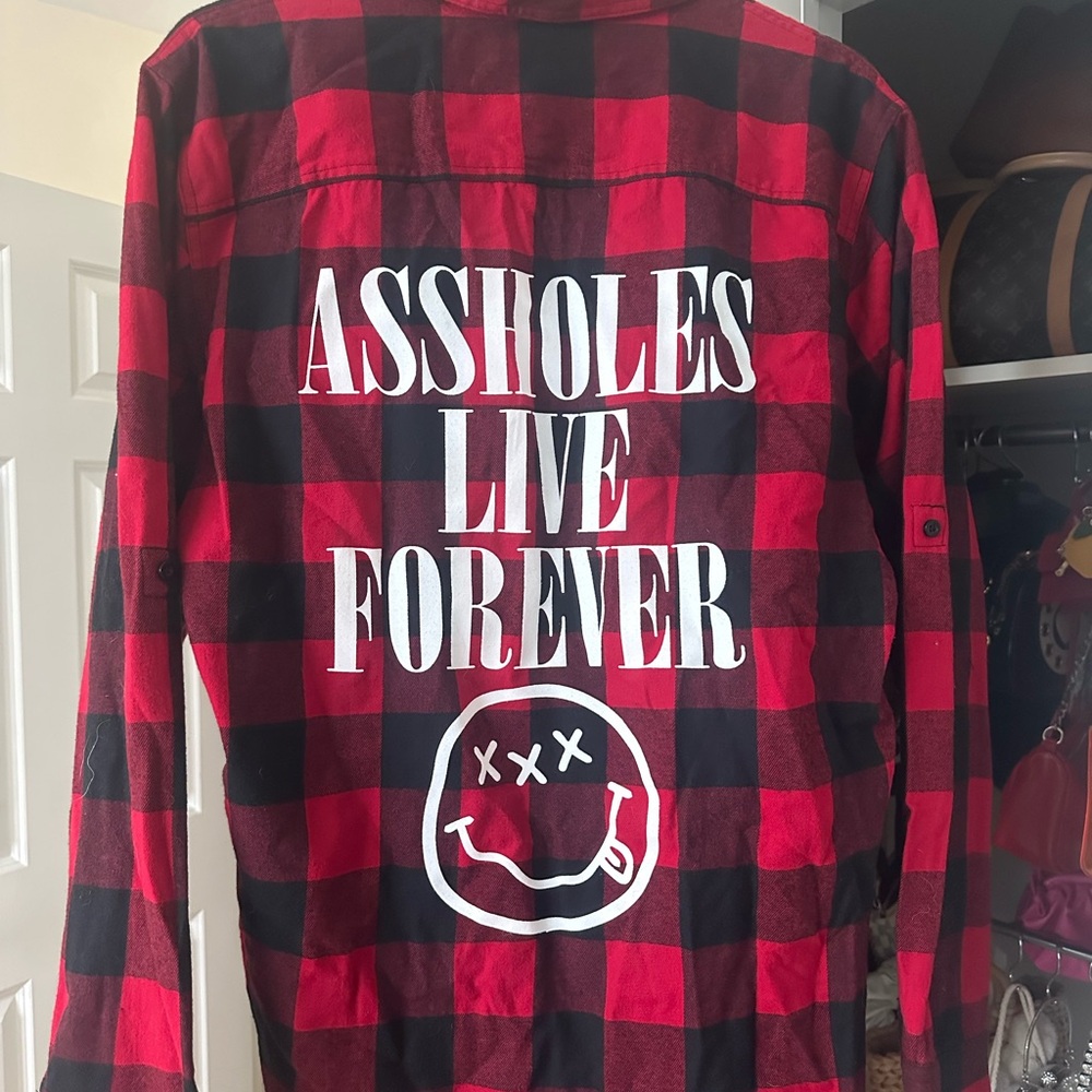Red and Black Plaid Button-Up Shirt A****** Live Forever